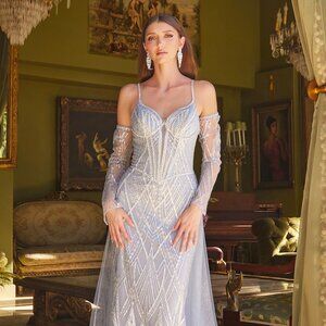 New Formal Sheath Maxi Gown w/ Long Removable Sleeves & Lace Up Back GL3616